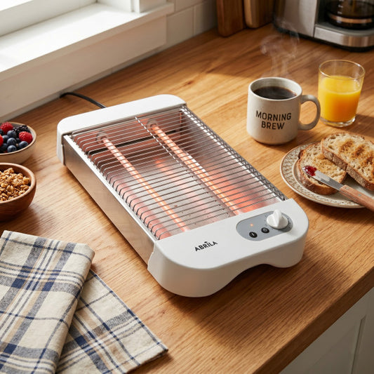 Tostador Horizontal Cueto 600 W Blanco 2 Tubos de Cuarzo Fabrilamp instalada en ambiente decorativo de salón o dormitorio | Fabrilamp / Abrila
