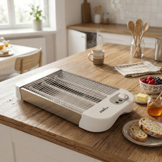 Tostador Horizontal Cueto 900 W Blanco 4 Rebanadas Fabrilamp instalada en ambiente decorativo de salón o dormitorio | Fabrilamp / Abrila