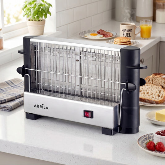Tostador Vertical Narcea 750 W Negro y Cromo Fabrilamp instalada en ambiente decorativo de salón o dormitorio | Fabrilamp / Abrila