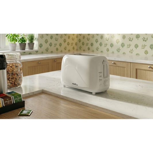 Tostador de Pan Alagon 1300 W Blanco 2 Ranuras Fabrilamp instalada en ambiente decorativo de salón o dormitorio | Fabrilamp / Abrila