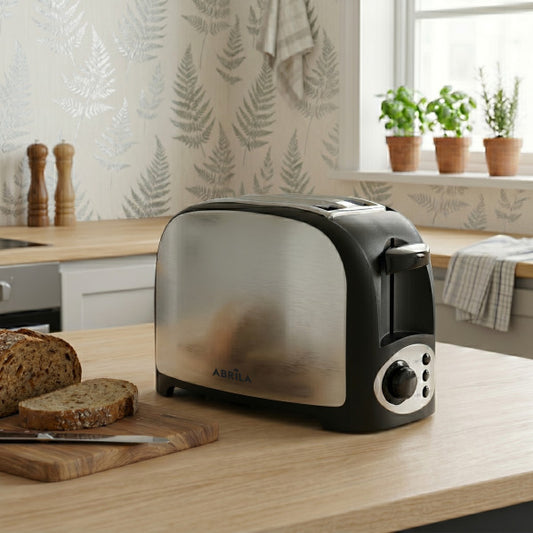 Tostador de Pan Riaza 750 W 2 Ranuras Negro y Plata Fabrilamp instalada en ambiente decorativo de salón o dormitorio | Fabrilamp / Abrila