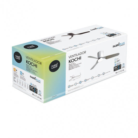 Ventilador de Techo Kochi 132 cm Blanco con Luz LED Fabrilamp instalada en ambiente decorativo de salón o dormitorio | Fabrilamp / Abrila