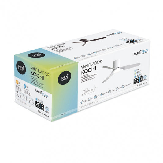 Ventilador de Techo con Luz LED Kochi 132 cm Níquel Fabrilamp instalada en ambiente decorativo de salón o dormitorio | Fabrilamp / Abrila