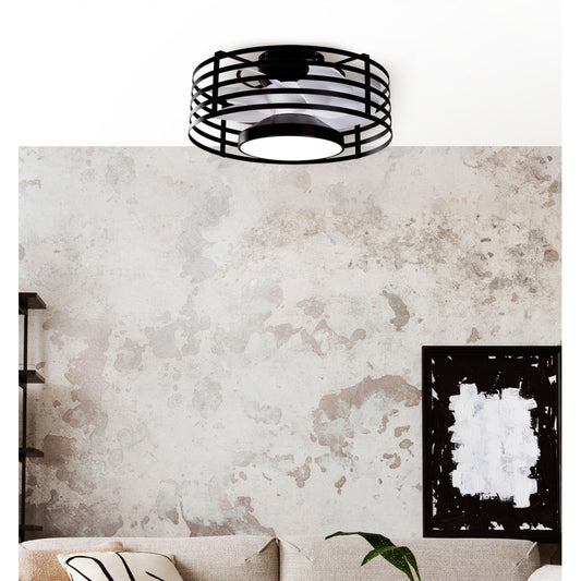 Ventilador Xaloc fabricado en metal negro con aspas de ABS blanco y tecnología LED integrada