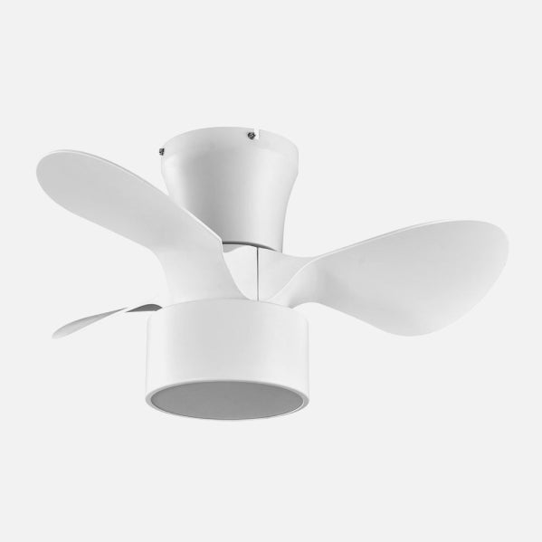 Ventilador de Techo con Luz LED KOS 60 cm Blanco Fabrilamp instalada en ambiente decorativo de salón o dormitorio | Fabrilamp / Abrila