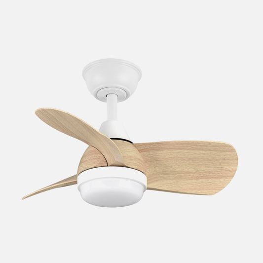 Ventilador de Techo con Luz LED Pirdo 60 cm Blanco/Haya Fabrilamp instalada en ambiente decorativo de salón o dormitorio | Fabrilamp / Abrila