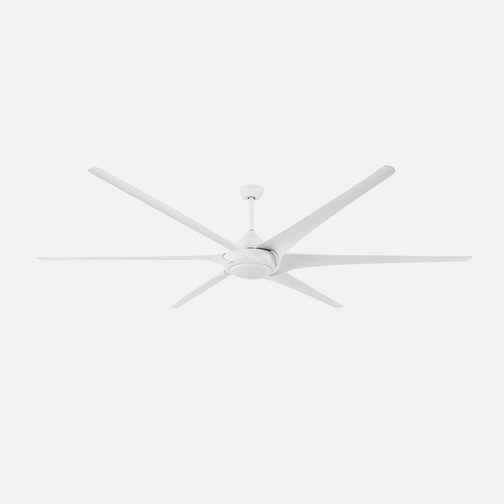 Ventilador de techo fabricado en metal blanco y ABS con tulipa de cristal transparente - Serie MONCAYO Fabrilamp