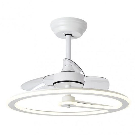 Ventilador de Techo con Luz LED Chom 62 cm Blanco Fabrilamp instalada en ambiente decorativo de salón o dormitorio | Fabrilamp / Abrila