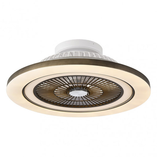 Ventilador de Techo con Luz LED Mato 58 cm Cuero Fabrilamp instalada en ambiente decorativo de salón o dormitorio | Fabrilamp / Abrila
