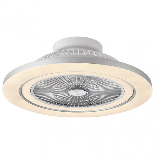 Ventilador de Techo con Luz LED Mato 58 cm Níquel Fabrilamp instalada en ambiente decorativo de salón o dormitorio | Fabrilamp / Abrila