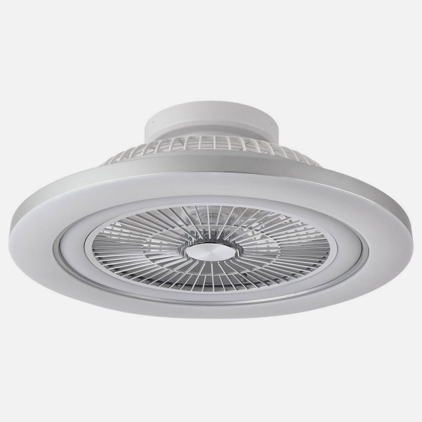 Ventilador de Techo con Luz LED Mato 58 cm Níquel Fabrilamp encendida con proyección de luz y ambiente | LuzGurú