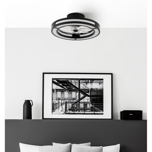 Ventilador techo Kastoria fabricado en metal y policarbonato color negro con aspas transparentes ABS