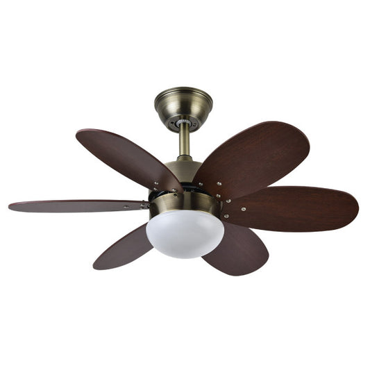 Ventilador de Techo Alves 85 cm Cuero con Aspas Cerezo/Nogal Fabrilamp instalada en ambiente decorativo de salón o dormitorio | Fabrilamp / Abrila