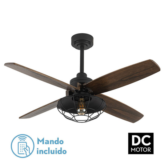 Ventilador de techo AQUILO fabricado en metal negro y madera de roble oscuro | Diseño rústico-industrial