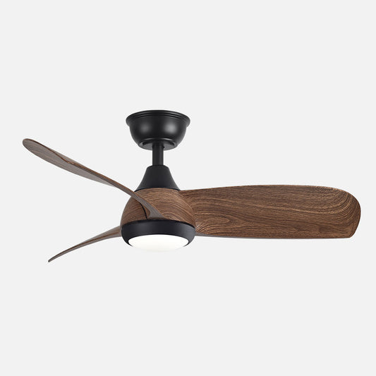 Ventilador ATOMO fabricado en metal color negro y aspas de ABS color madera oscura