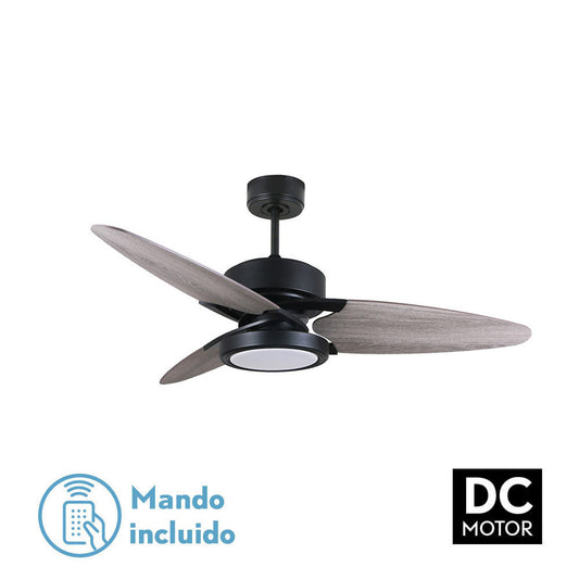 Ventilador techo Cross fabricado en metal negro mate con aspas de MDF gris/roble y acabado policarbonato