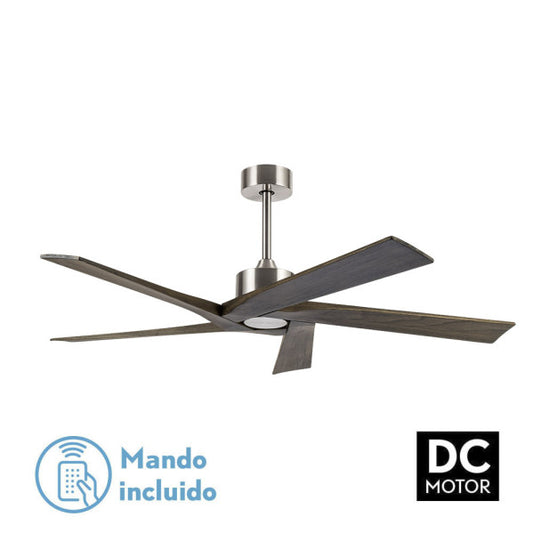 Ventilador de Techo Nadir 142 cm Níquel/Rústico 5 Aspas Motor DC Fabrilamp instalada en ambiente decorativo de salón o dormitorio | Fabrilamp / Abrila