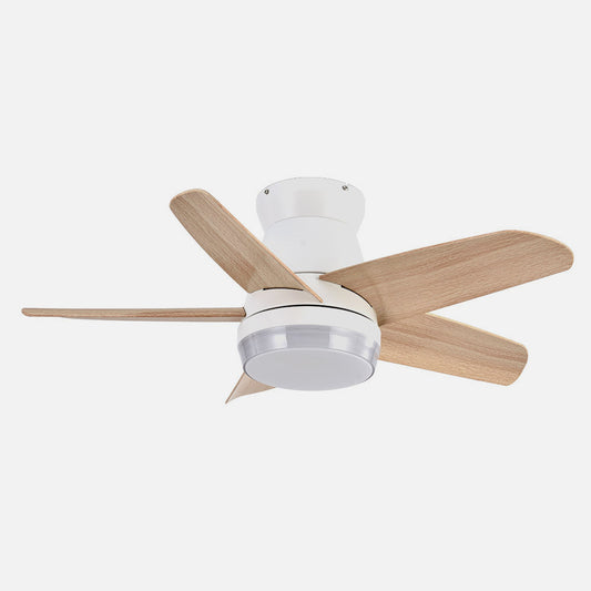 Ventilador Neutron fabricado en metal blanco y aspas ABS color haya, ideal para interiores