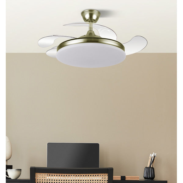 Ventilador de Techo Tridente 107 cm Cuero con Luz LED Fabrilamp encendida con proyección de luz y ambiente | LuzGurú