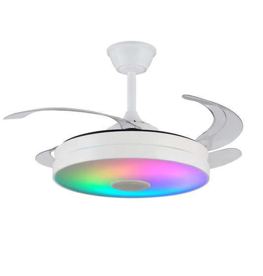 Ventilador abierto de techo Mina-S Musical de PB Lighting (Ø82cm) Blanco, con luz LED CCT-RGB, Bluetooth, app iLink y mando - Ref PB80715.