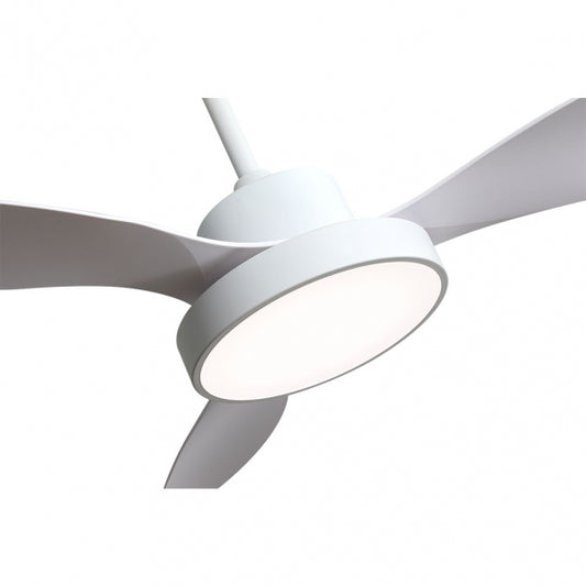 Ventilador de Techo con Luz LED Hayate 120 cm Blanco Fabrilamp instalada en ambiente decorativo de salón o dormitorio | Fabrilamp / Abrila