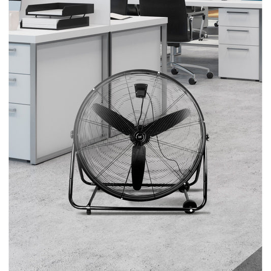 Ventilador industrial fabricado en metal negro con aspas de aluminio de 87 cm de diámetro