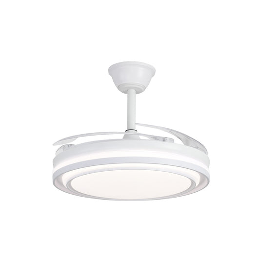 Ventilador Korfu blanco con palas extendidas mostrando su flujo de aire y luz LED