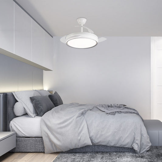 Ventilador de techo retráctil Lima Blanco-Plata AJP / Alemar con palas desplegadas, vista lateral