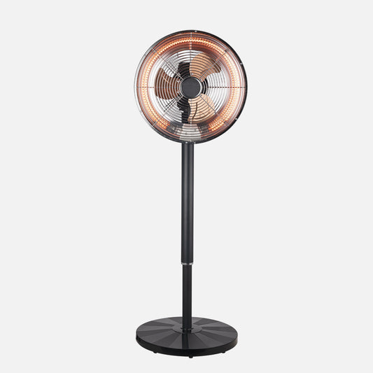 Ventilador de pie fabricado en metal color negro y policarbonato