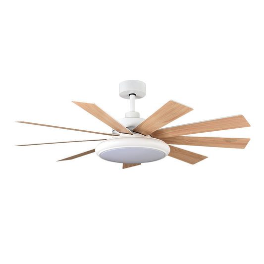 Ventilador PIREO fabricado en metal y MDF blanco/haya, con motor DC silencioso de 36W y control remoto