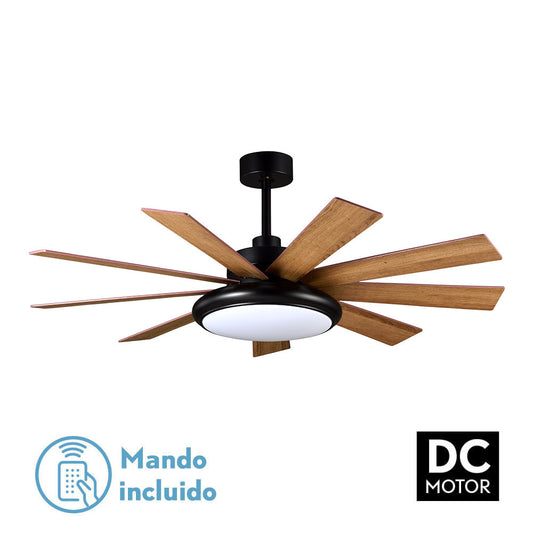 Ventilador de techo PIREO fabricado en metal negro mate con aspas de MDF Roble/Haya | Fabrilamp