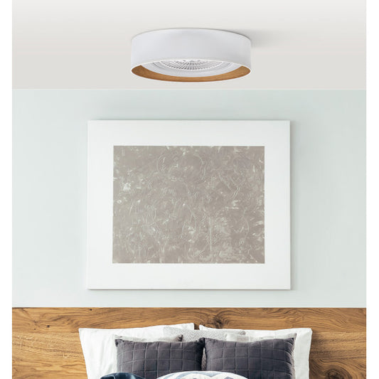 Detalles del Ventilador de Techo Tania 188391501 de Fabrilamp/Abrila: Diseño moderno blanco/madera clara, 5 aspas, iluminación LED regulable 3000-4000-6000K (6120lm), mando a distancia, temporizador, motor DC. LUZGURÚ.