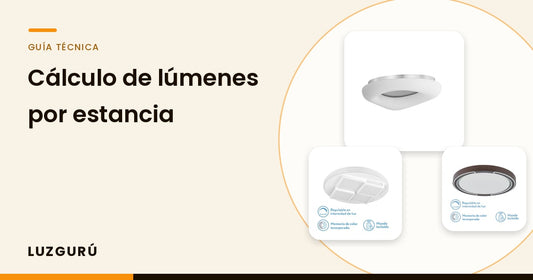 Cálculo de lúmenes por estancia. Fotos de producto: Plafón LED Paris, Plafón LED Lavi, Plafón LED de Techo Asher