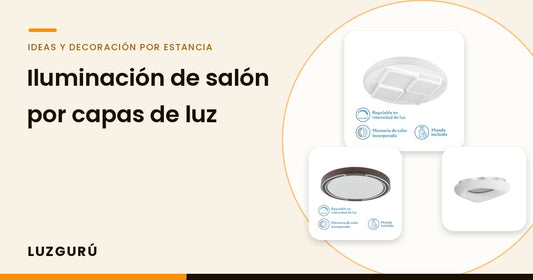 Iluminación de salón por capas de luz. Fotos de producto: Plafón LED Lavi, Plafón LED de Techo Asher, Plafón LED Paris