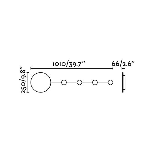 Plano con medidas de Aplique de Pared HAN 101 cm LED 7W 2700K Negro Mate con Perchero FARO