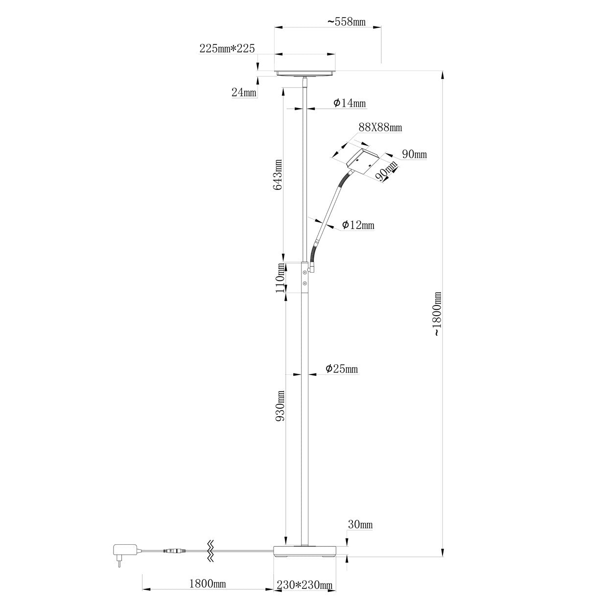 Esquema con dimensiones del pie de salón LED Lamber Alemar