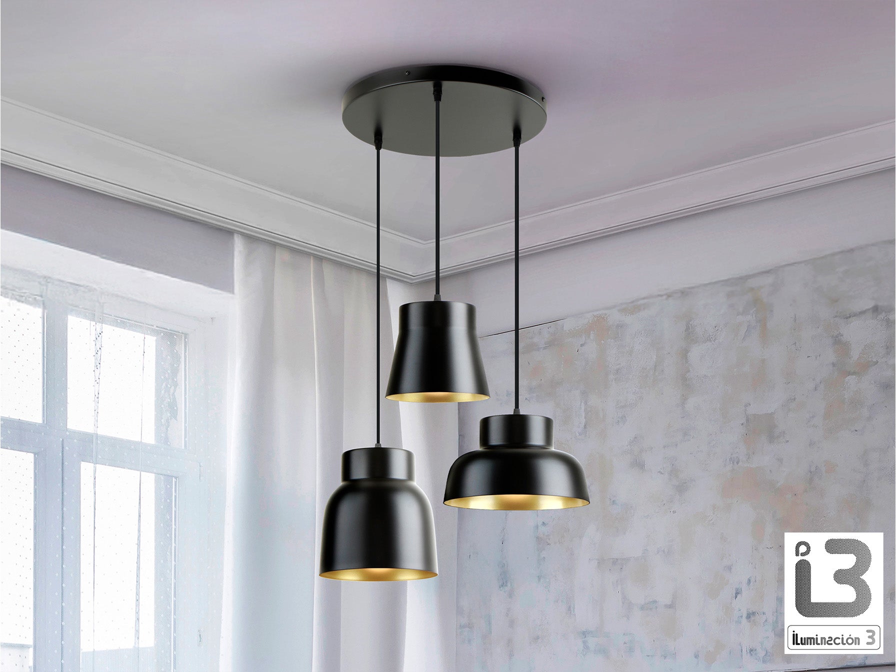 Lámpara Colgante Redonda Vulcano 3 Luces Negro/Oro - Schuller - 13581 - Vista 1