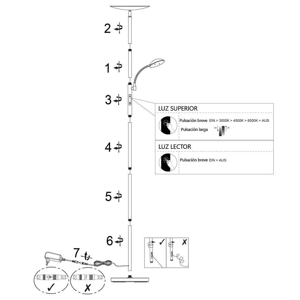 Detalle de interruptores y base del pie de salón LED Kos Terracota
