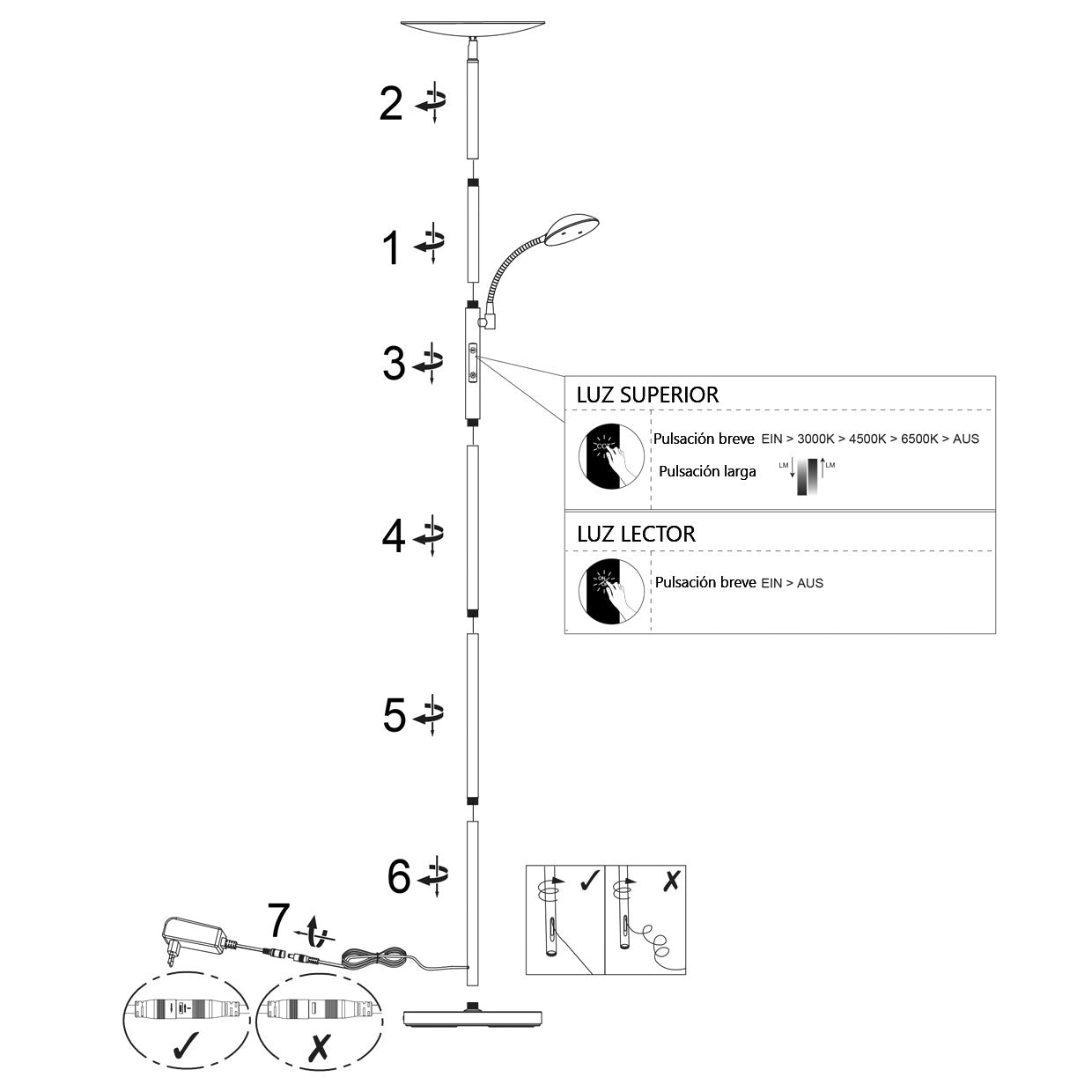 Detalle de interruptores y base del pie de salón LED Kos Terracota