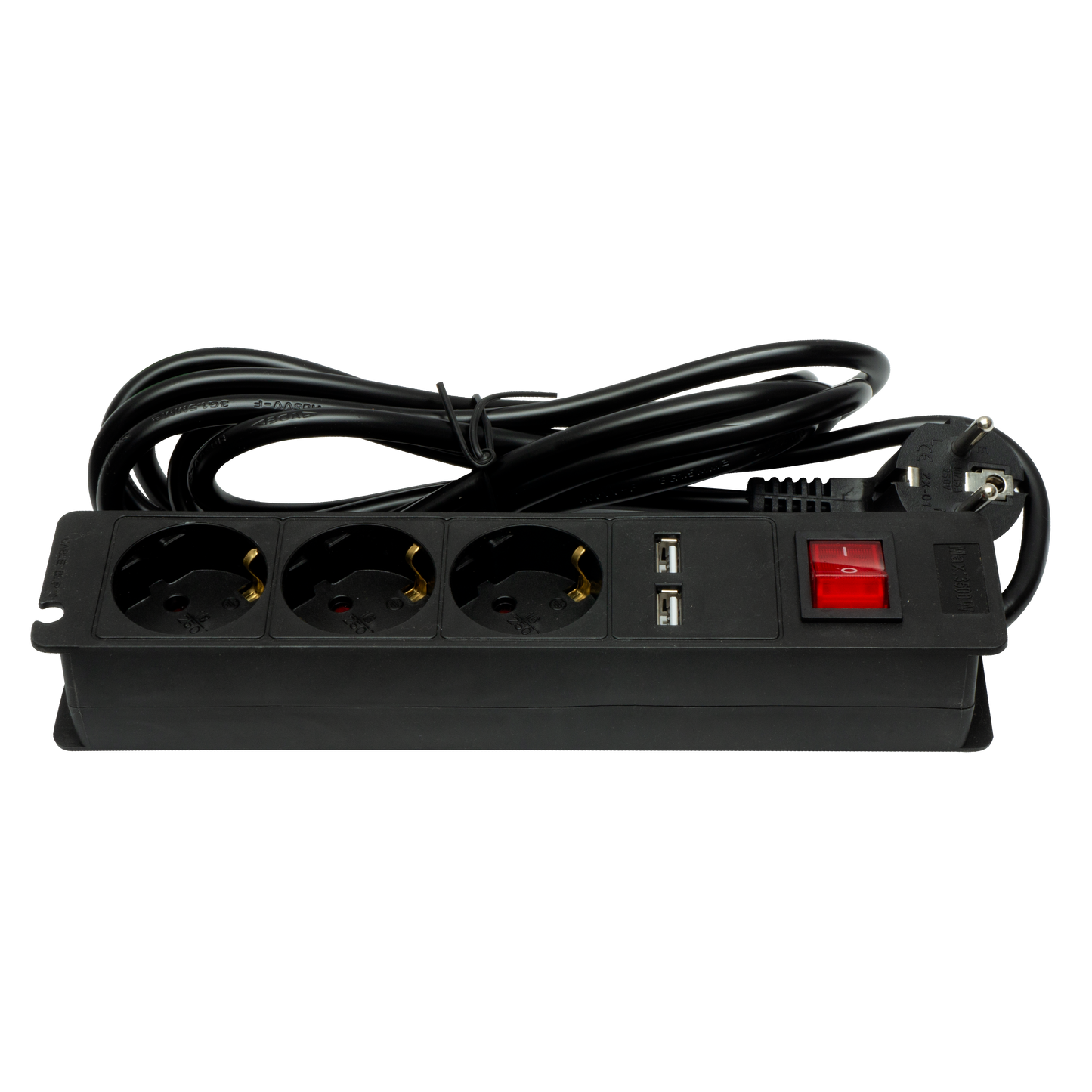 Base múltiple Fabrilamp con 3 enchufes y 2 puertos USB, interruptor y cable de 3 metros.