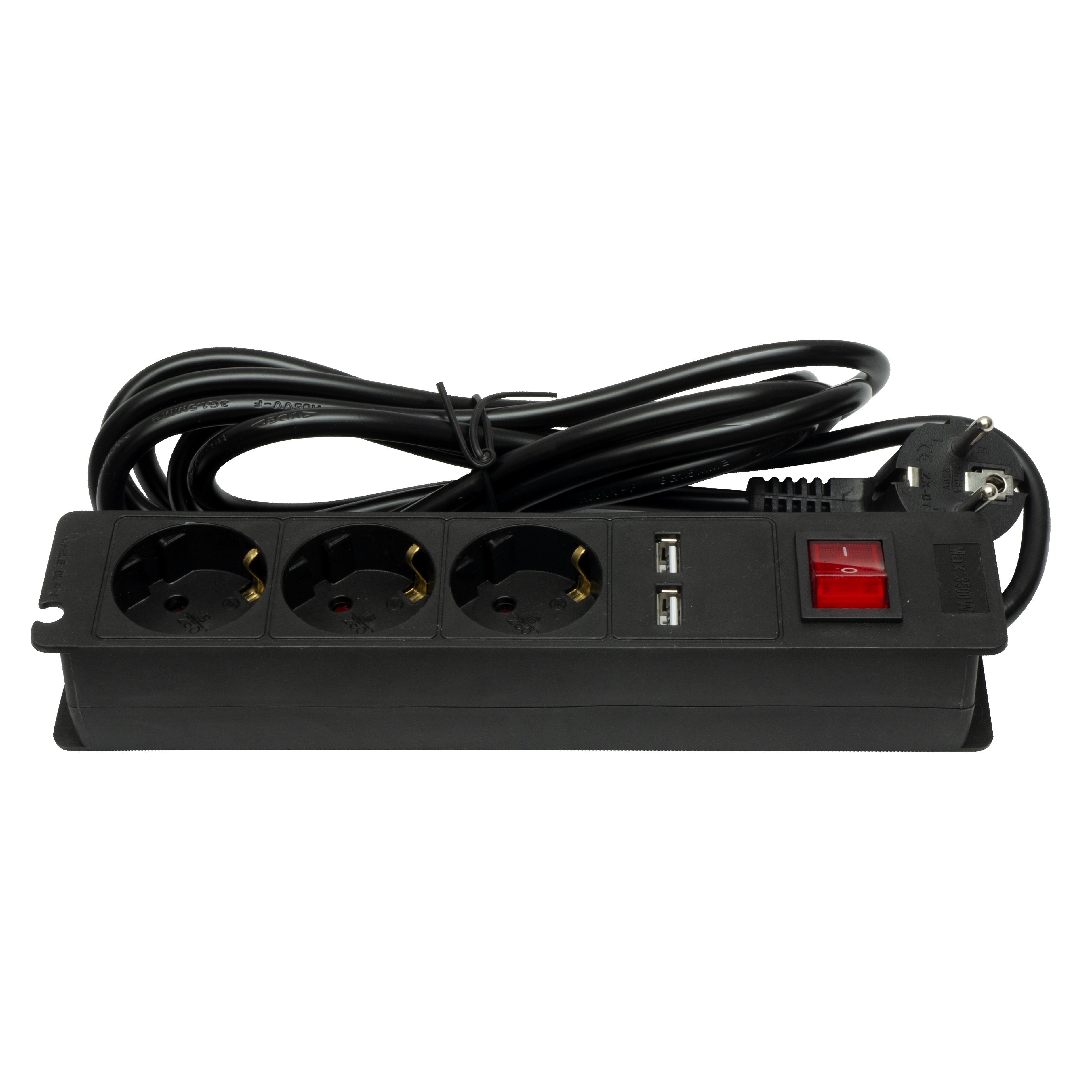 Base múltiple Fabrilamp con 3 enchufes y 2 puertos USB, interruptor y cable de 3 metros.