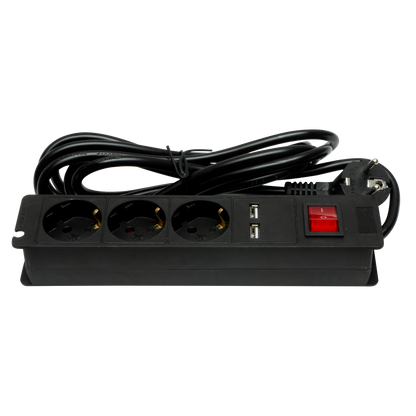 Base múltiple Fabrilamp con 3 enchufes y 2 puertos USB, interruptor y cable de 3 metros.