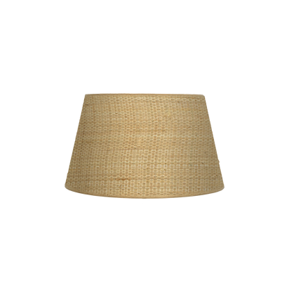 Pantalla Salma E27 Natural de Fabrilamp, vista frontal, diseño conico abierto, material textil.