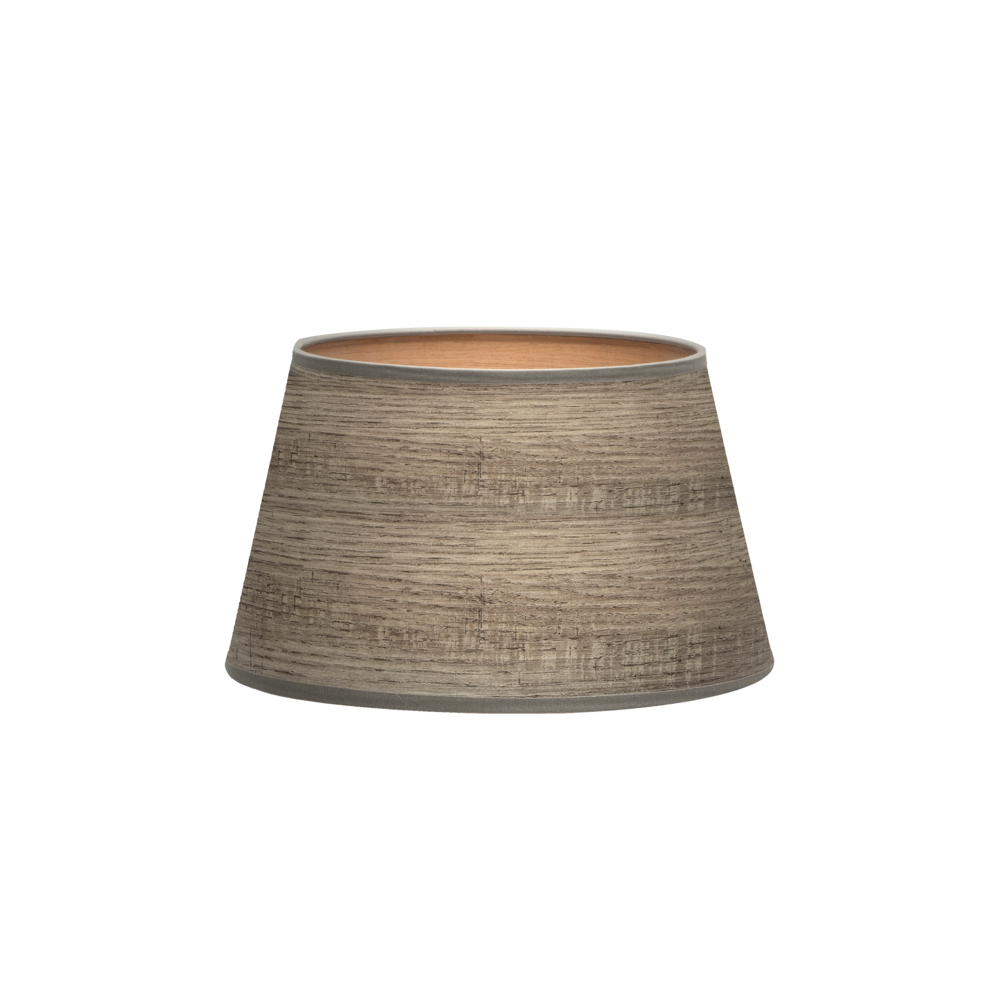 Pantalla Salma fabricada en textil color madera gris, ideal para lámparas E27