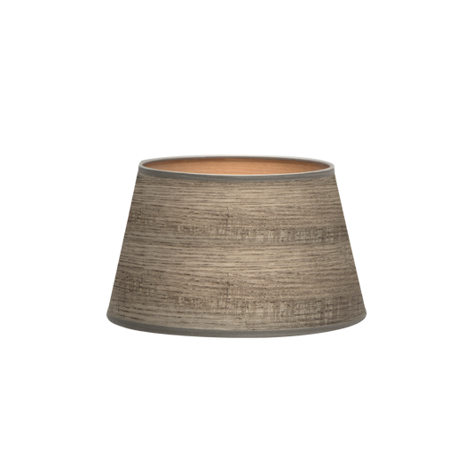 Pantalla Salma fabricada en textil color madera gris, ideal para lámparas E27