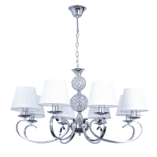 Lámpara Ordoñez fabricada en metal y cristal color cromo con textil blanco