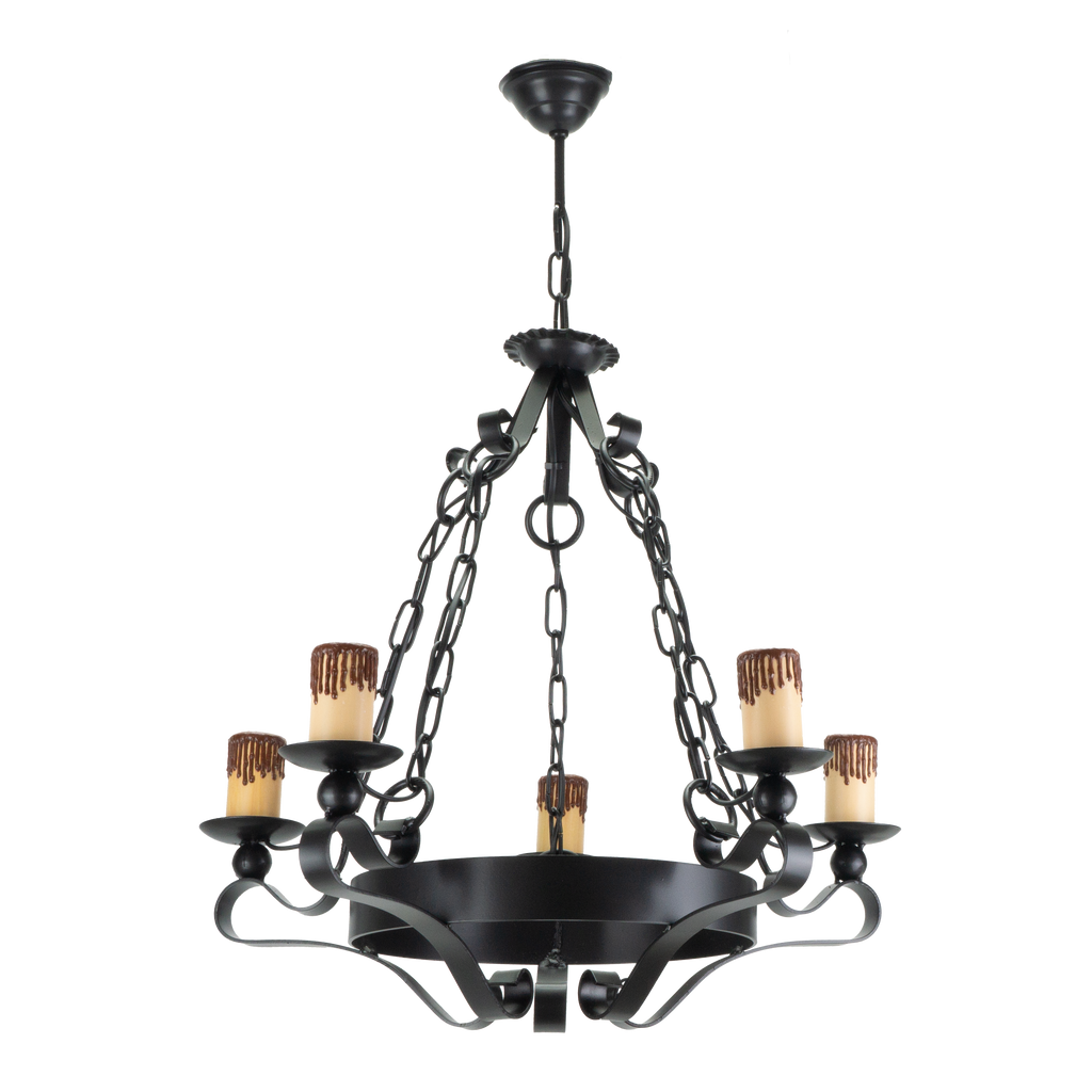 Lámpara Rústica Medieval Negra de 5 luces, Fabrilamp, vista frontal.