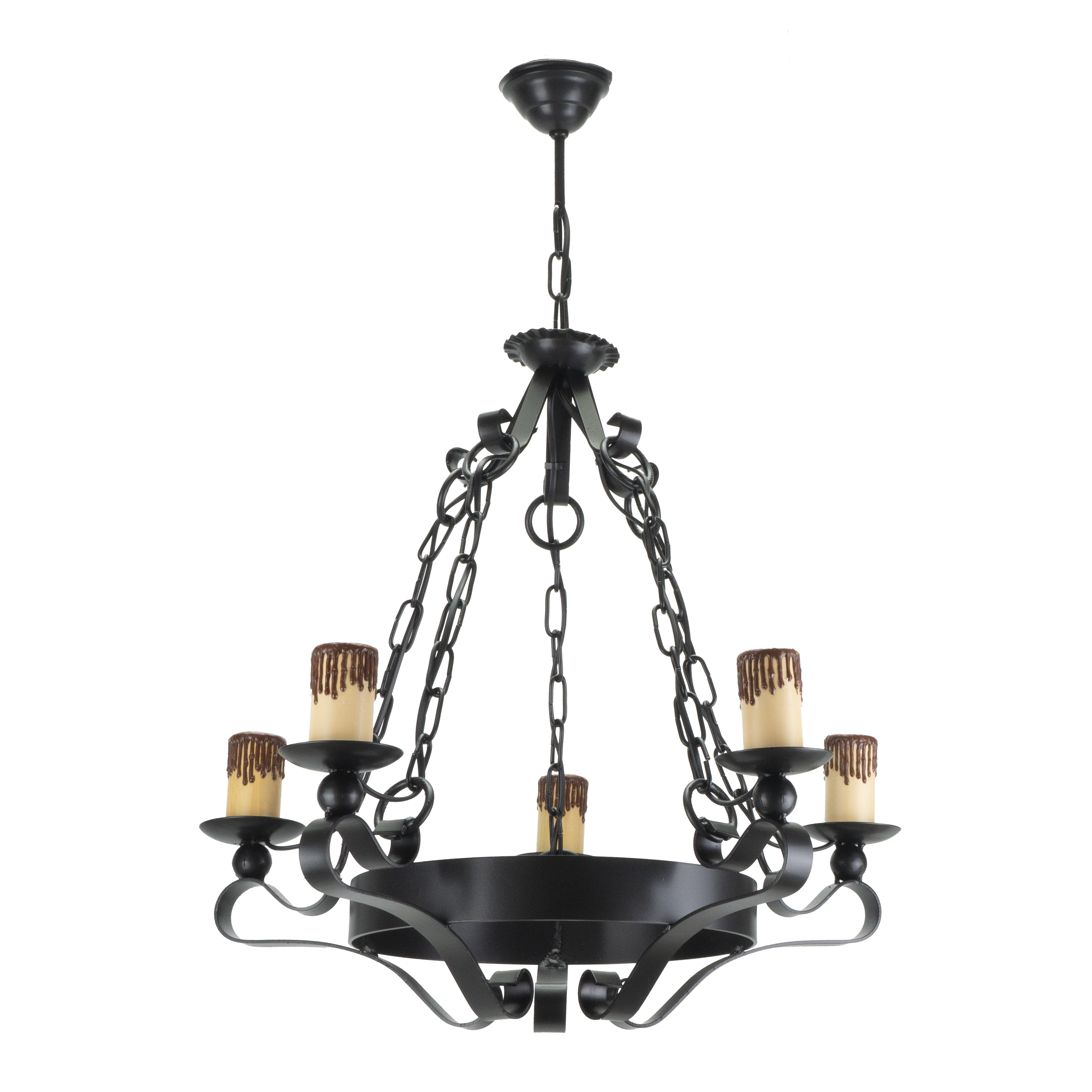 Lámpara Rústica Medieval Negra de 5 luces, Fabrilamp, vista frontal.