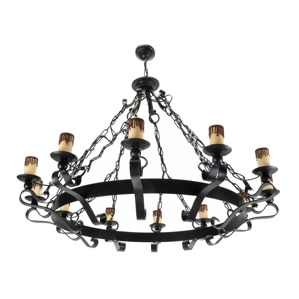 Lámpara Rústica Medieval Negra de 12 luces, vista general. Fabrilamp en luzguru.com