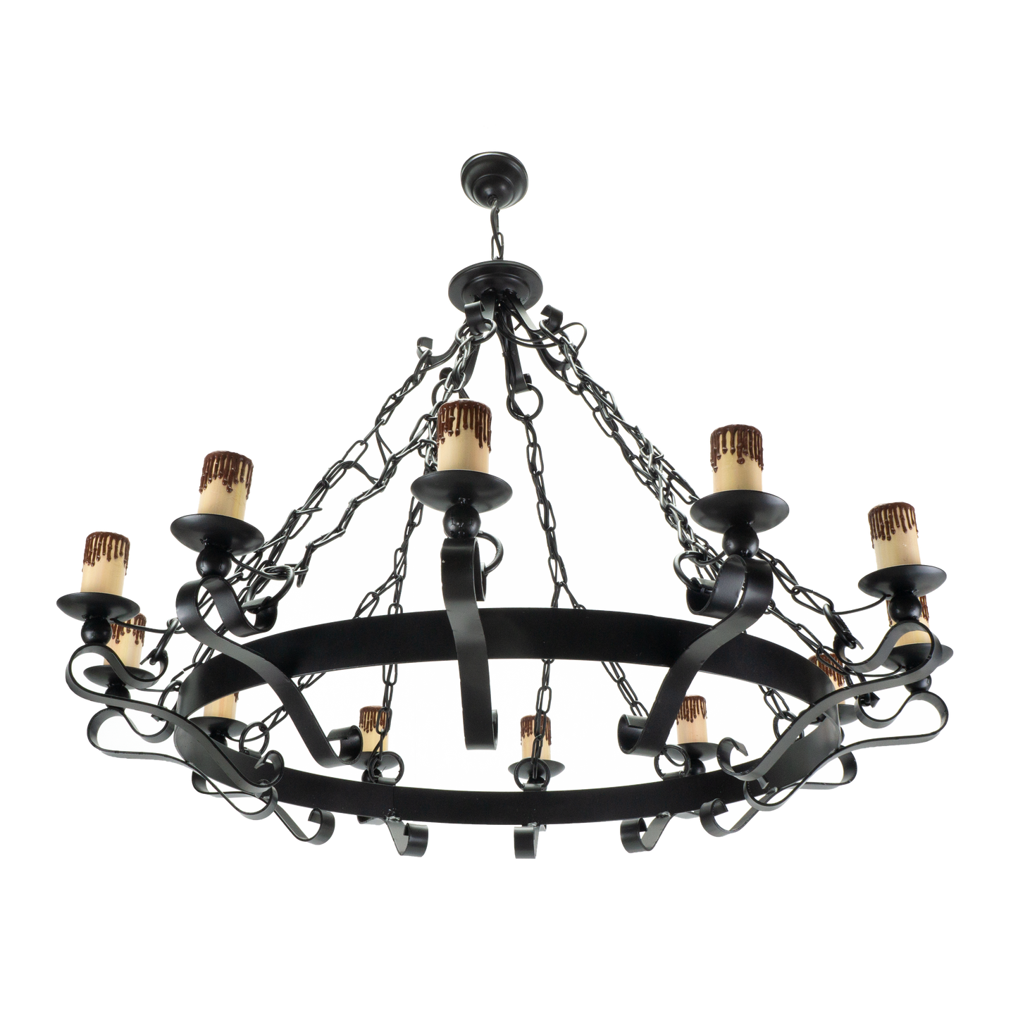 Lámpara Rústica Medieval Negra de 12 luces, vista general. Fabrilamp en luzguru.com